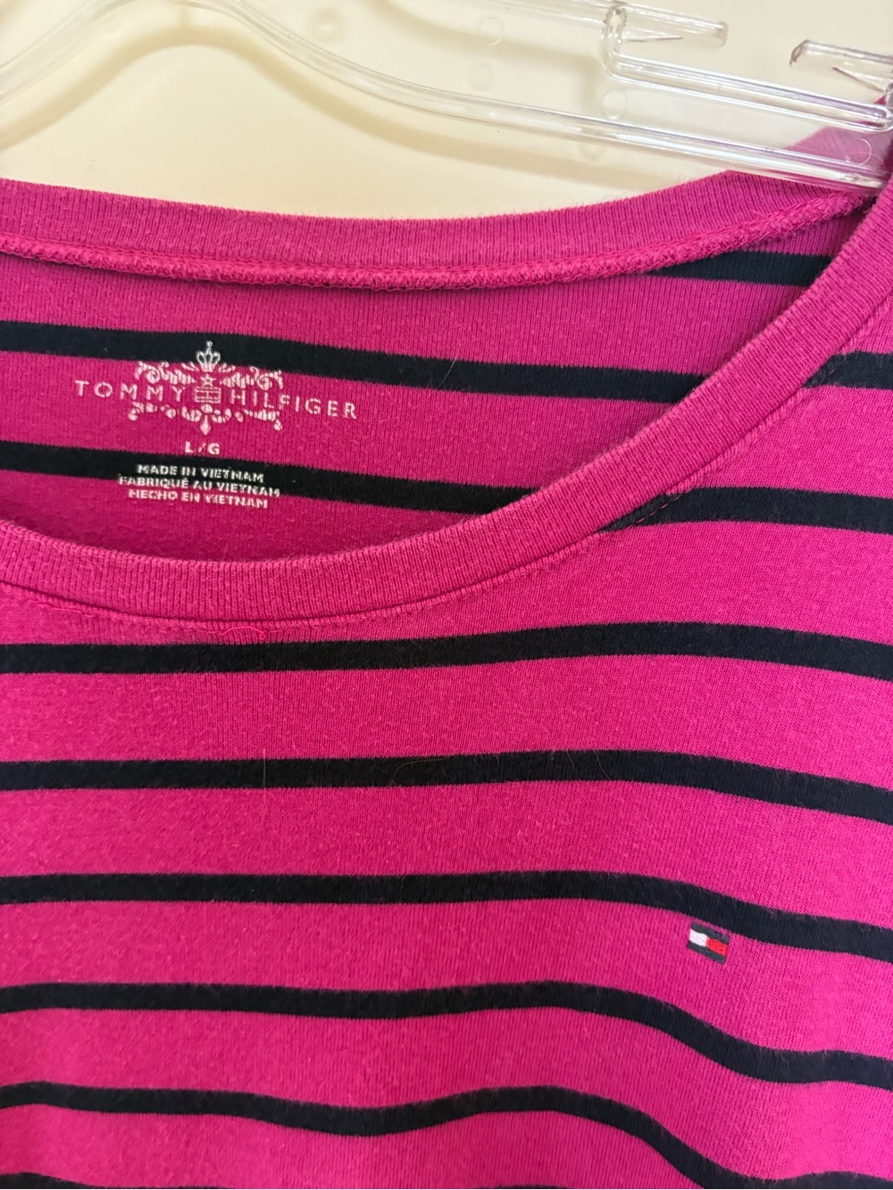 Tommy Hilfiger  100 % Cotton Fuchsia and Navy Striped Long Sleeve Top Size L